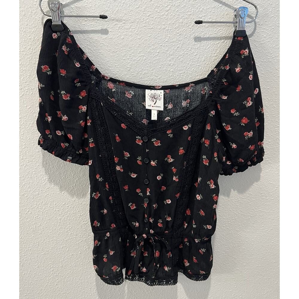 Self Esteem Y2K Top Size Small. Black / Floral Ditsy Print. Waist Elastic-Tie.